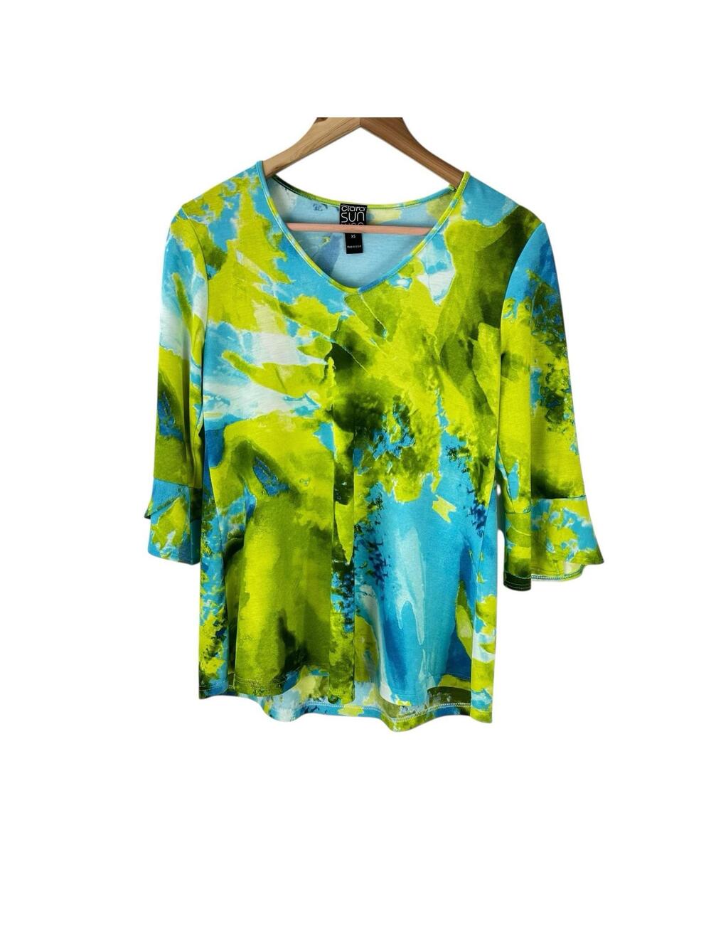 Clara Sun Woo Fluted Cuff Top Women’s Size XS Abstract Art to Wear Watercolor